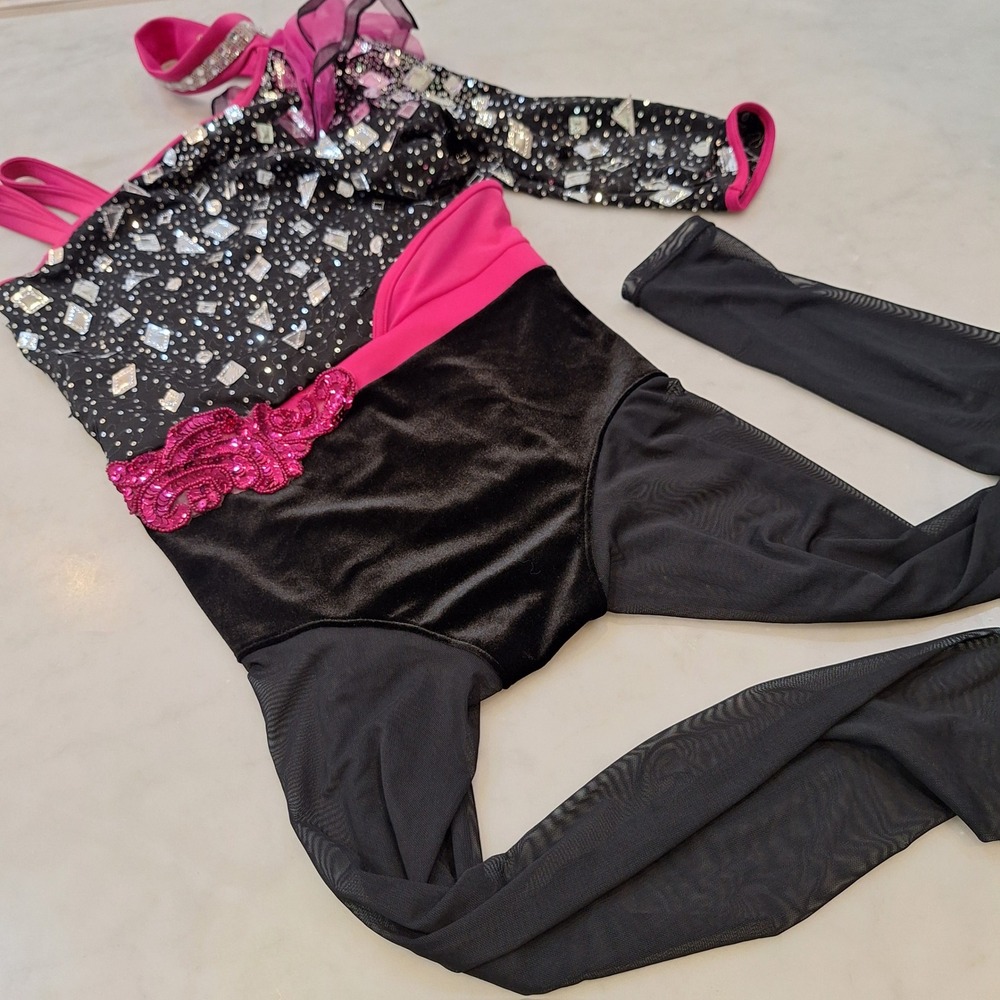 Weissman Dance 80s Vibe Costume Girls Sz XLC Pink Sequin Rhinestone Unitard Pop